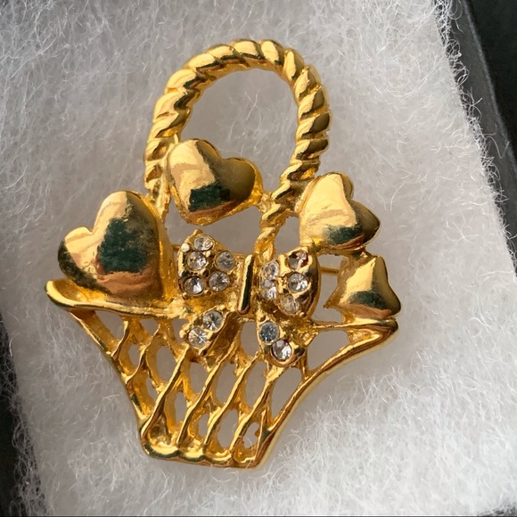 Vintage Flower Basket Heart Silver Crystal Bow Brooch Pin - Picture 2 of 5